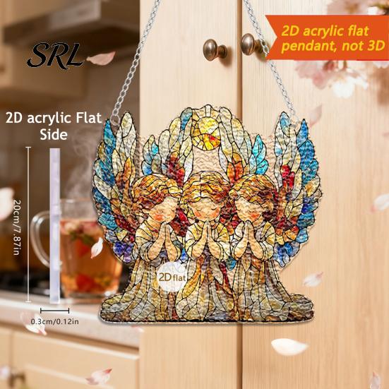 Christmas Cabin Hanging Decoration Moon-Shaped Wreath Acrylic Ornament, Butterfly Angel Floral Stained Glass Style Mosaic Waterproof Indoor Atmosphere