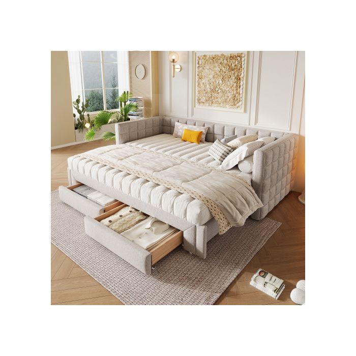 Lit Daylily, 90 x 200 cm, lit extensible (jusqu'à 180), 2 tiroirs, sans matelas, beige