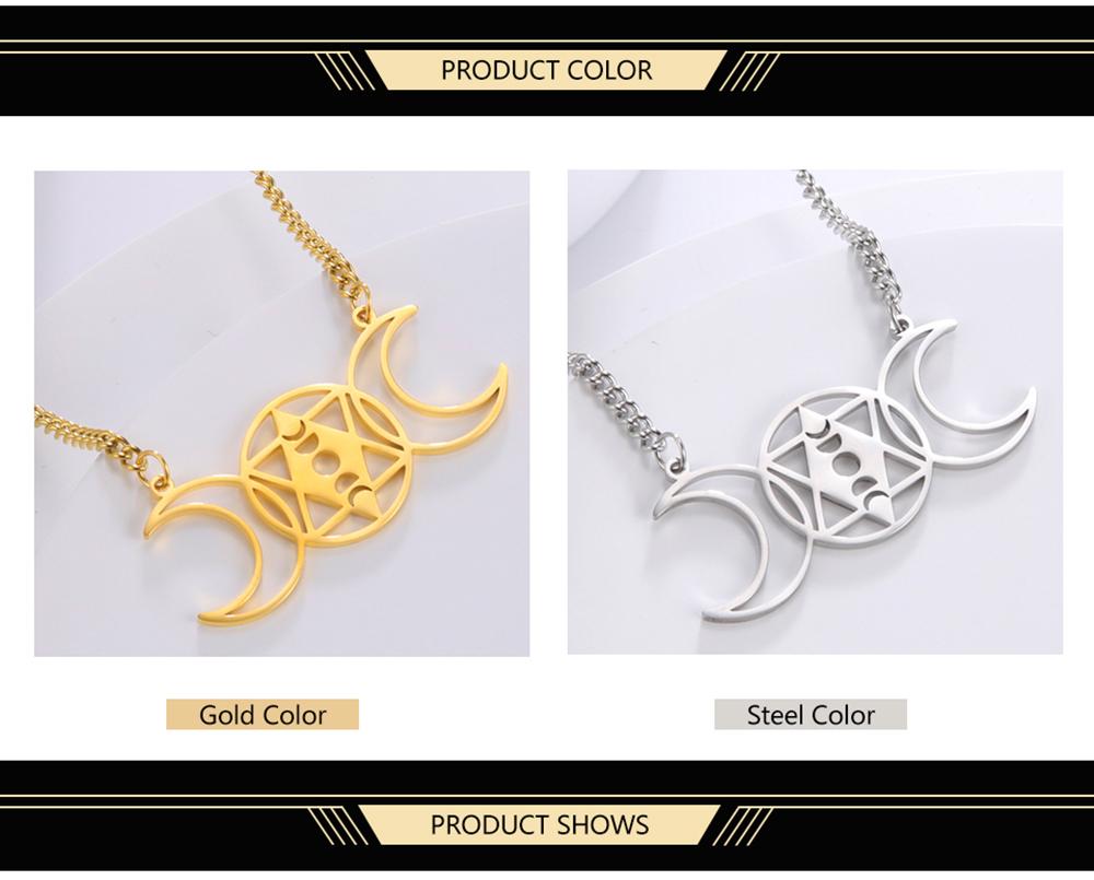Dawapara Triple Moon Hexagram Necklace Jewish Star of David Moon Phase Pendant Wiccan Goddess Jewelry Stainless Steel