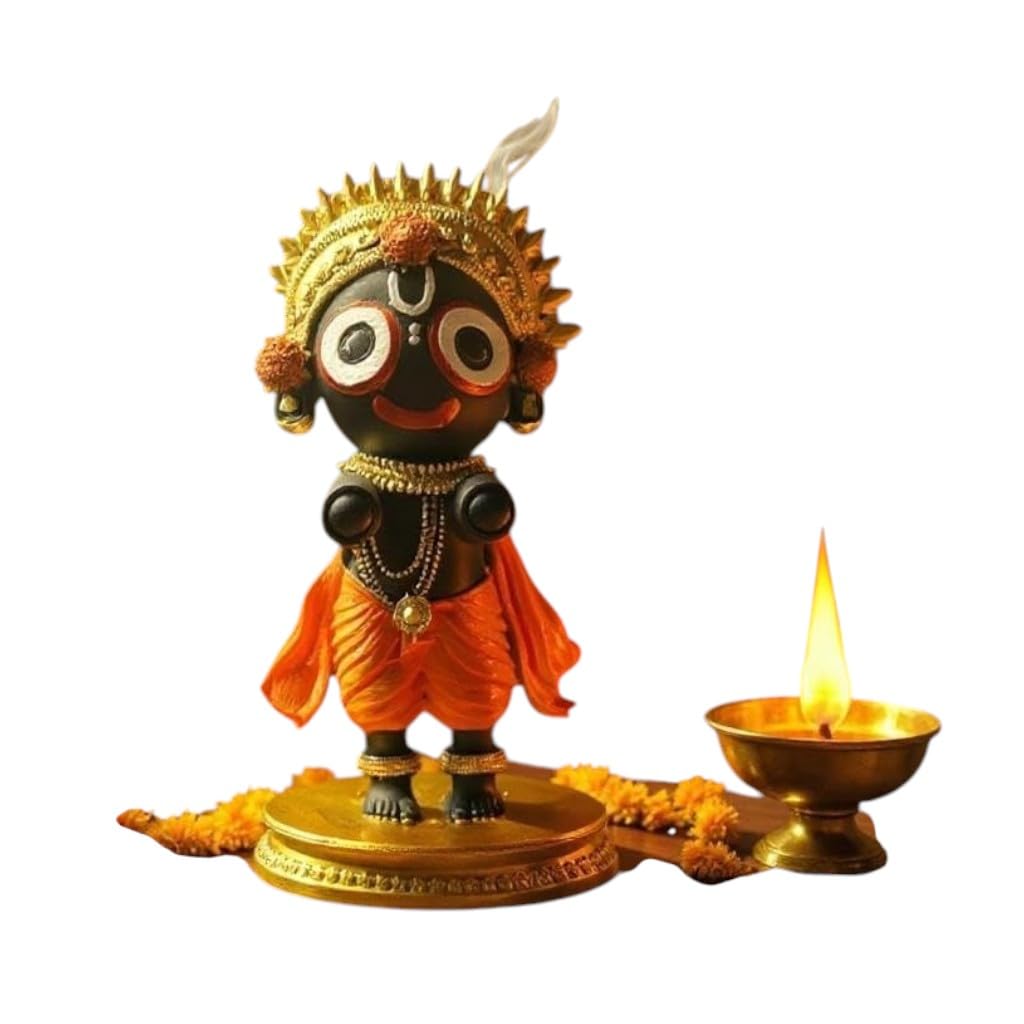 Bal Jagannath Ji Idol for Home Temple | Premium Black Resin Murti with Golden Crown- Orange Dress,