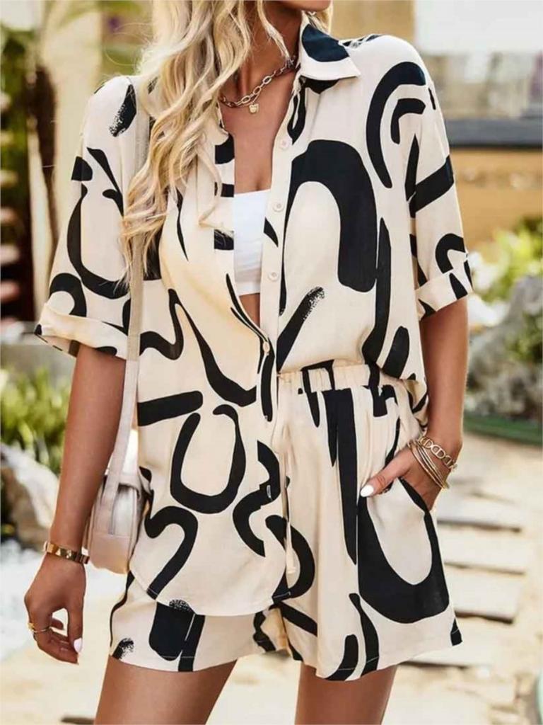 2026 Casual Short Sleeve Shirt Shorts Set Office Lady Summer Geometric Print Tops Lace Up Pants Two Piece Set Women Outfit