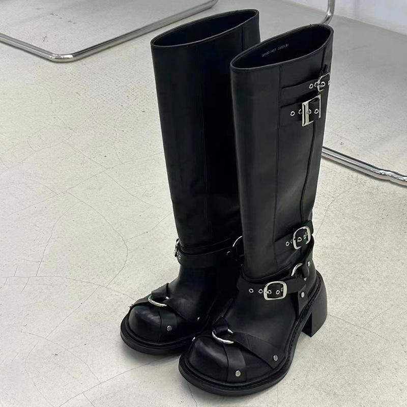 

Нишевая панк-пряжка для ремня, женские рыцарские ботинки, новые, с большой головкой, удобным толстым каблуком, ботфорты в стиле spice girl, высокие ботинки 40 чёрный
