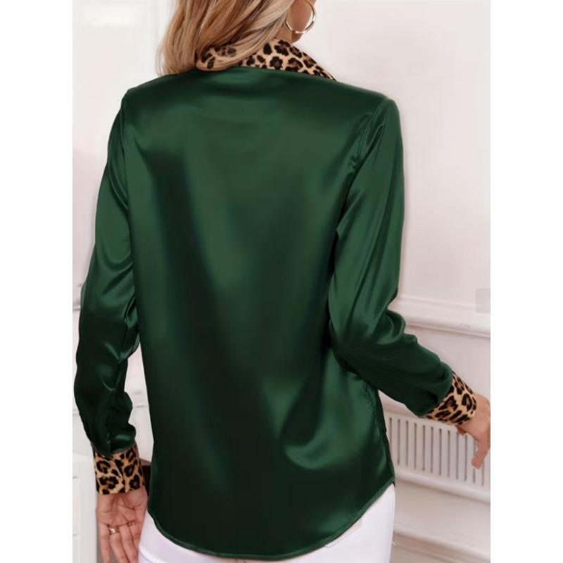 New Women's Leopard Print Long Sleeve Office Shirt Spring Autumn Lapel Casual Loose Blouse Simple Satin Elegant Solid Color Top Clothing