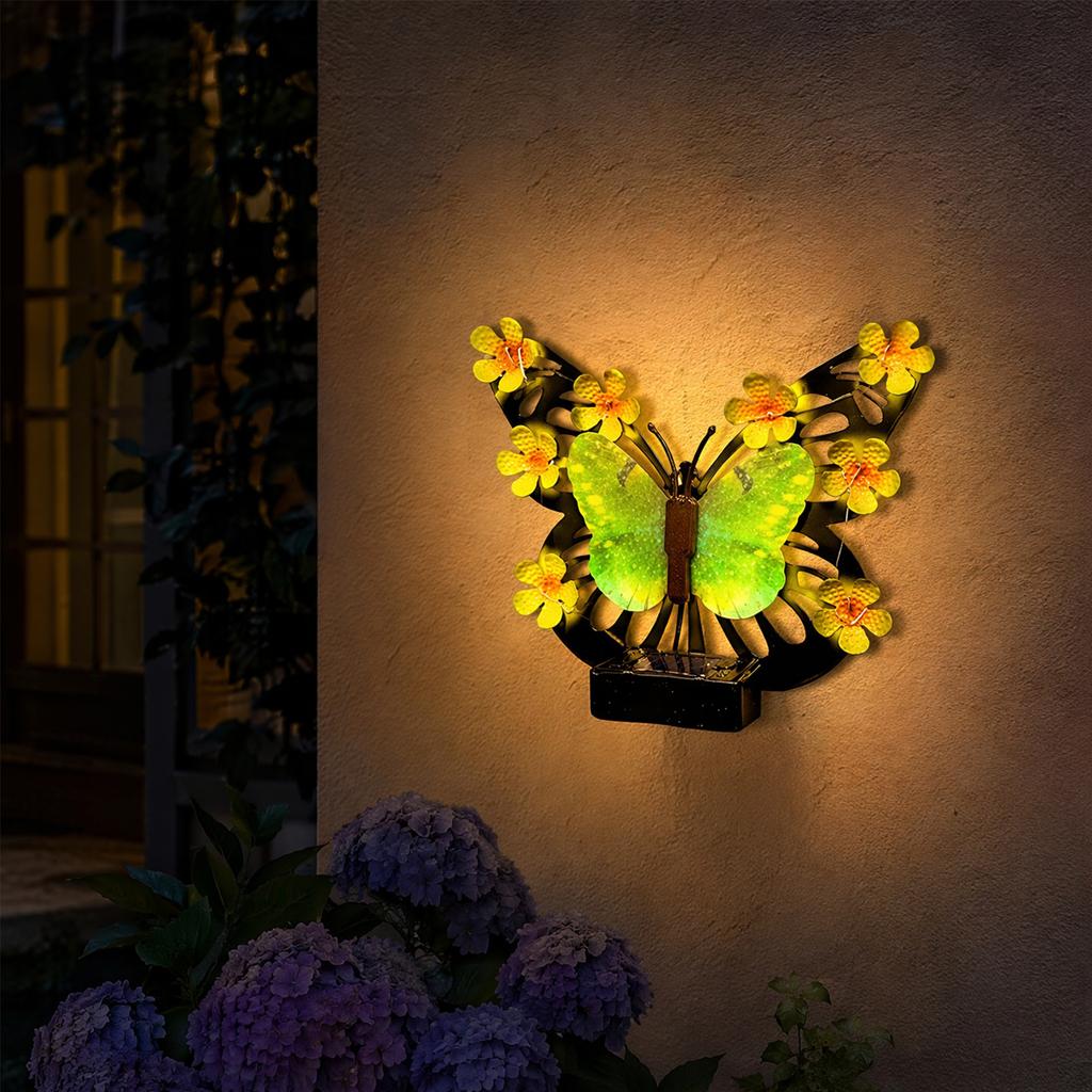 Solar Outdoor Metal Butterfly Wall Lights Rust Proof LED Flower Hanging Sculpture for Patio/Porch/Yard/Garden Decoration