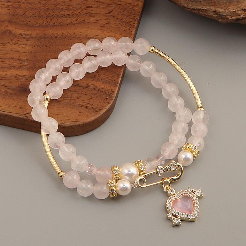 Natural pink crystal Shijia pearl pink love kt cat cross bamboo joint elastic stacked bracelet bracelet