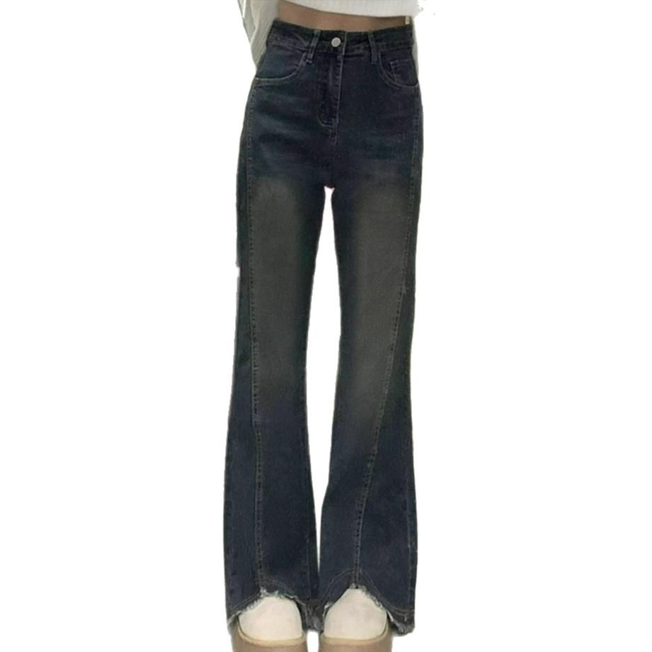Comfortable Pear Shape Figure Raw Edge Slightly Flared High Waist Jeans Women's Big Yards Open Stretchy Thin Slightly Flared Trousers Long Denim Pants