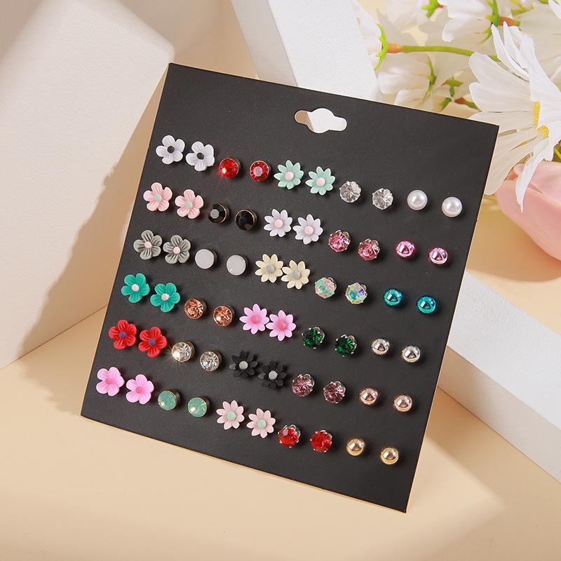 Korean version of temperament versatile 10 pairs of colorful rhinestone resin flower stud earrings set creative fashion personality women's stud