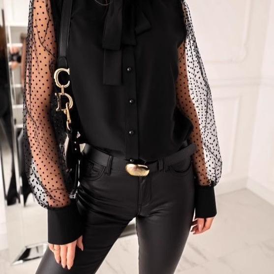 Dámská košile s dlouhým rukávem, elegantní nová slim košile s krajkovým prošíváním, módní síťované prošívání, knoflíky, mašle, ležérní, volný střih, univerzální látka