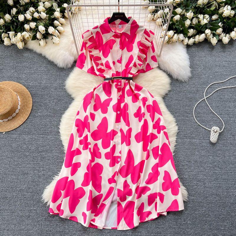 

Women s Clothing Niche Style Summer Wooden Ear Elegance Dress Rose Red One size