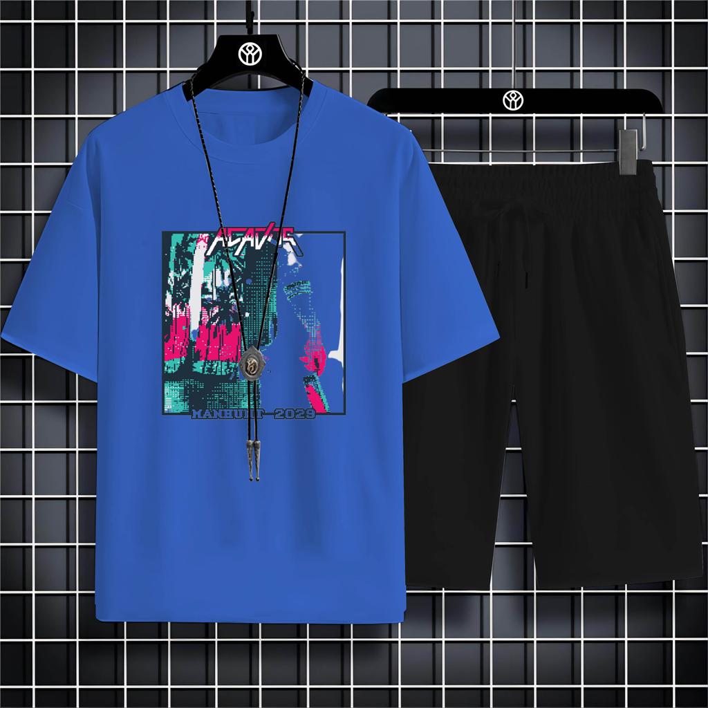 Fashion Four Seasons Casual Sports Style 2d Letter Print Adult Men'S Round Neck Loose Short Sleeve T-Shirt Trouser Set Quick Dry