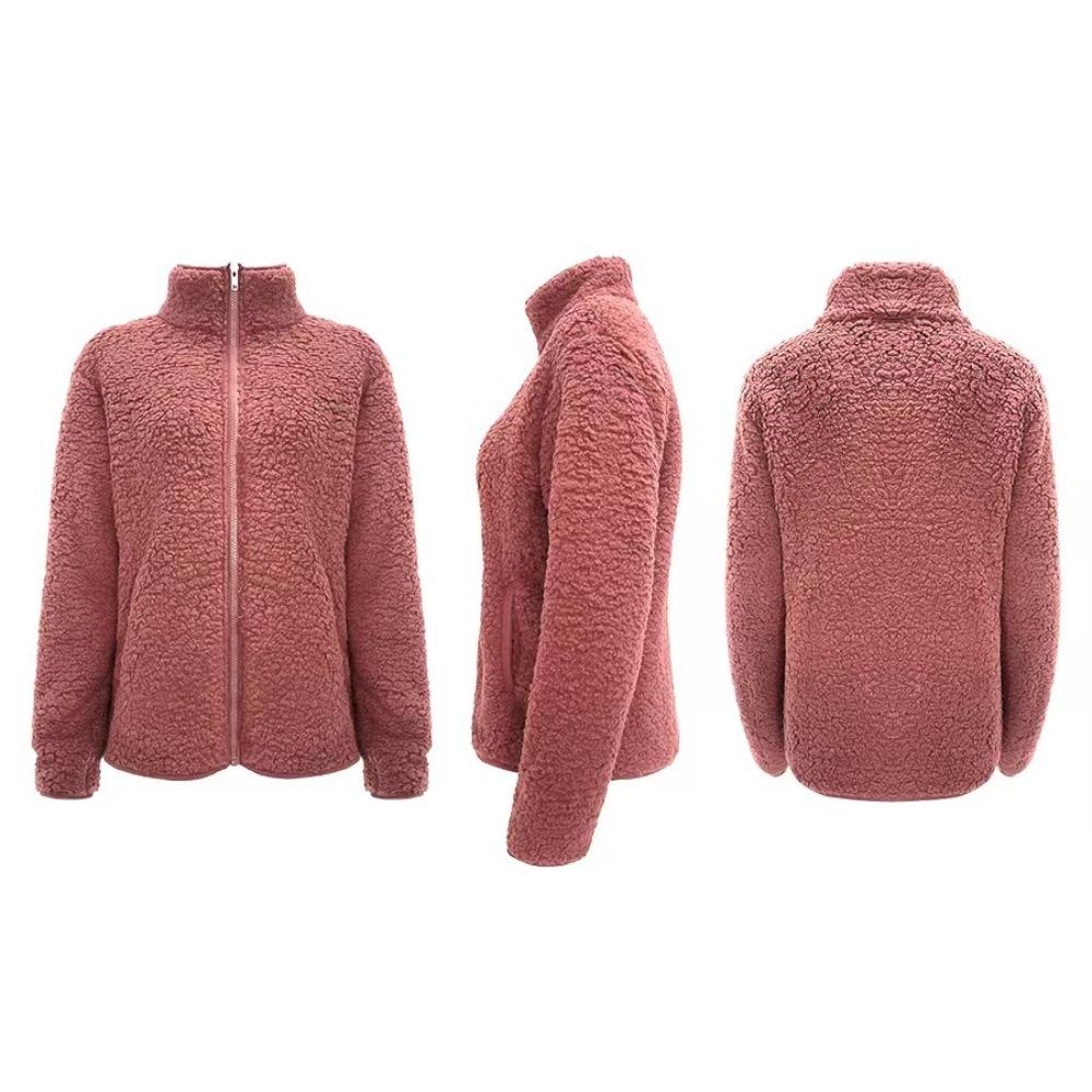 Stand Collar Solid Color Sweatshirt Women Casual Fashion Long Sleeve Zip Up Bubble Fleece Jacket
