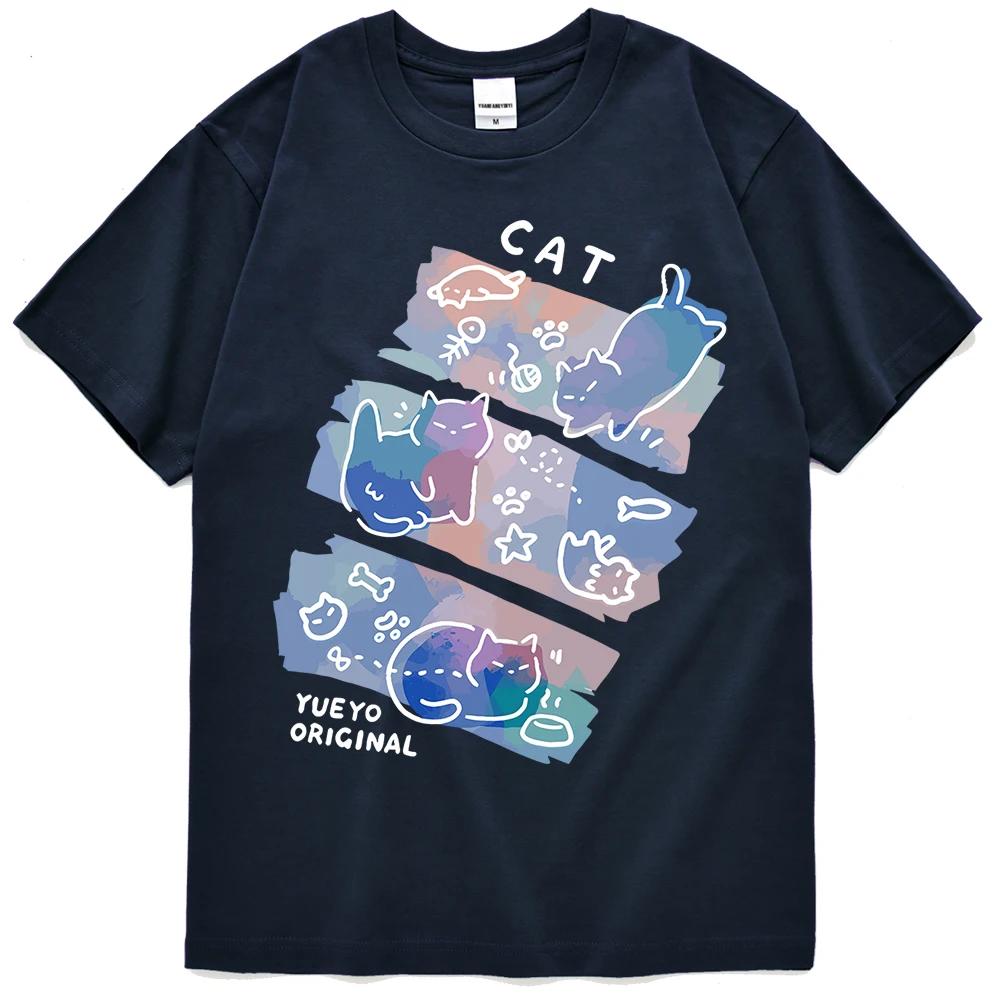 Fun Mischievous Cat Print Japanese Style T-Shirts Men Fashion Tshirs Breathable Summer T-Shirts Cotton Loose Tee Clothes