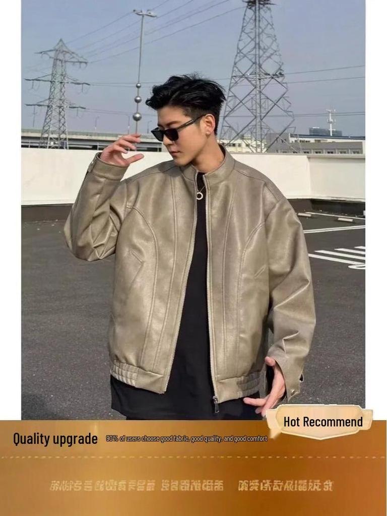 Men's Trendy PU Leather Motorcycle Jacket - Cool Half-High Collar, Casual Spring/Autumn Style
