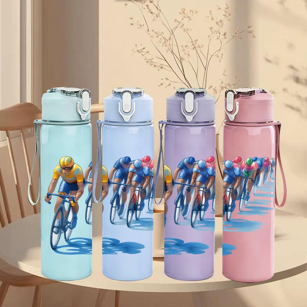 1PC Cyclist Group Silhouette Art 750ml Color Plastic Sports Water Bottle Leakproof Flip Straw Lid Suitable for Sports Office Home Use