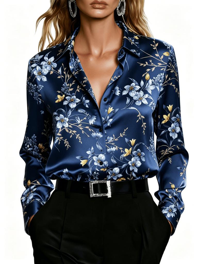 Lady's Elegant Long-sleeved Floral-patterned Shirt, Suitable for Office and Formal Occasions - Machine Washable Top