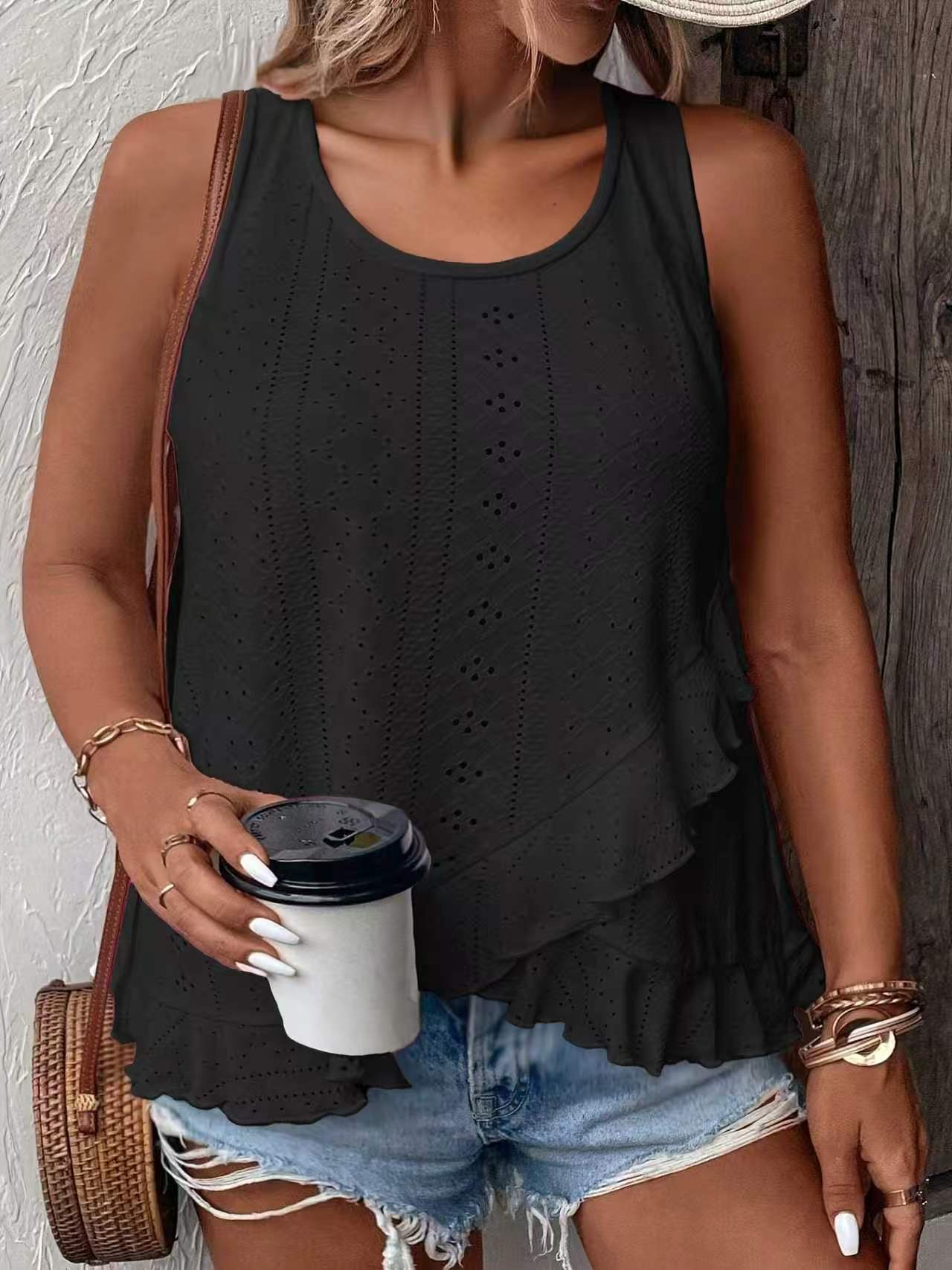 Women s Eyelet Embroidery Asymmetrical Ruffle Hem Tank Top Casual Sleeveless Blouse S чёрный