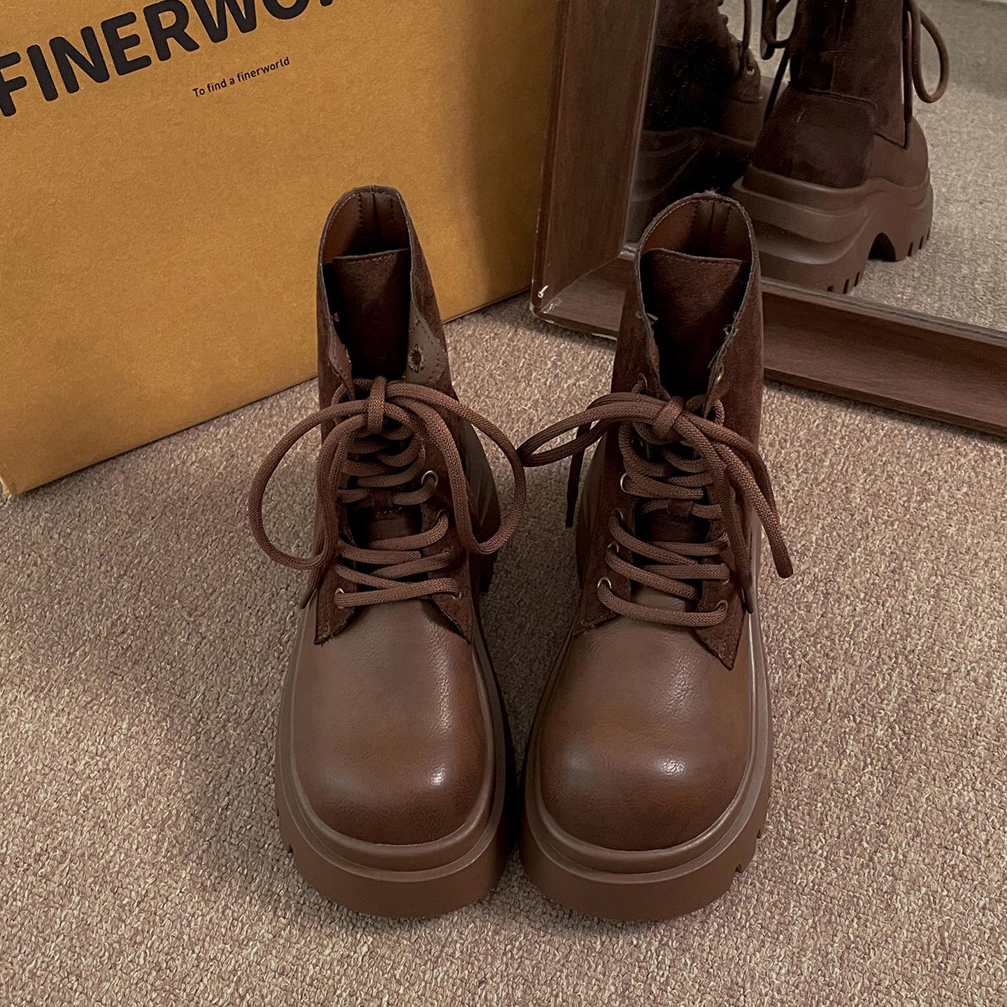 

Коричневые ретро ботинки Мартин на толстом каблуке и платформе женские 2025 новый осенний сезон с юбкой облегающие ботильоны Майяр 40 темно-коричневого