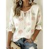 Women's White Lily of the Valley Print Tie Neck Blouse, Casual Loose Tops for Spring Summer Daily