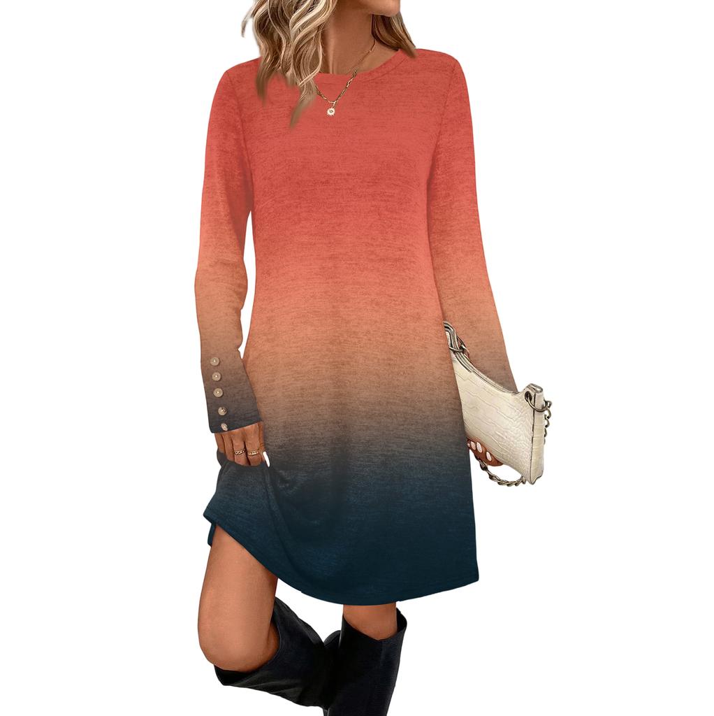 Damenmode Freizeitkleid mit Tasche, dekorativen Knöpfen, Rundhalsausschnitt und langen Ärmeln