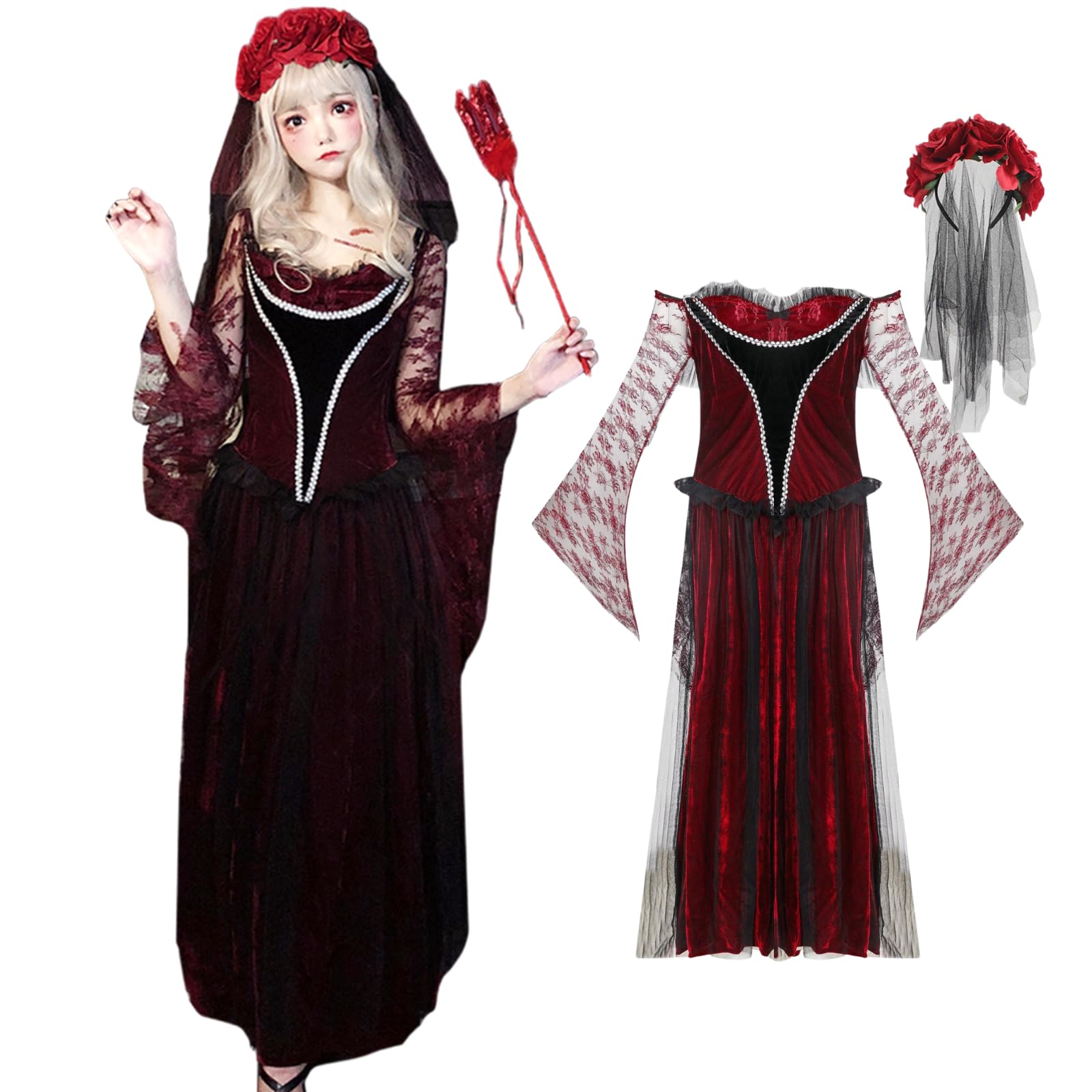 

Vampire Halloween Cosplay Bride Zombie Costume with Rose and Red Veil Set [Milky Time]