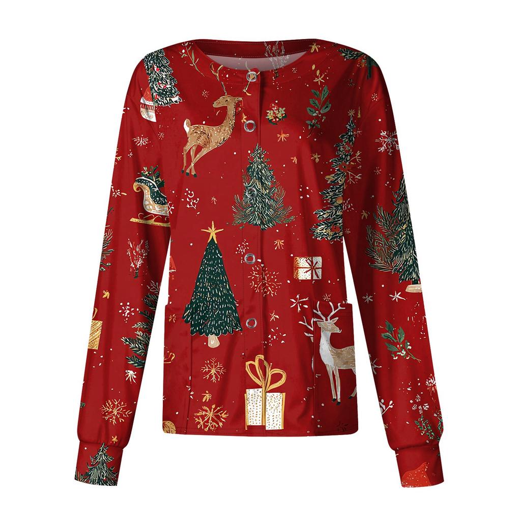 Women's Casual Long-sleeved Single-breasted Christmas Printed Protective Clothing Cardigan Top