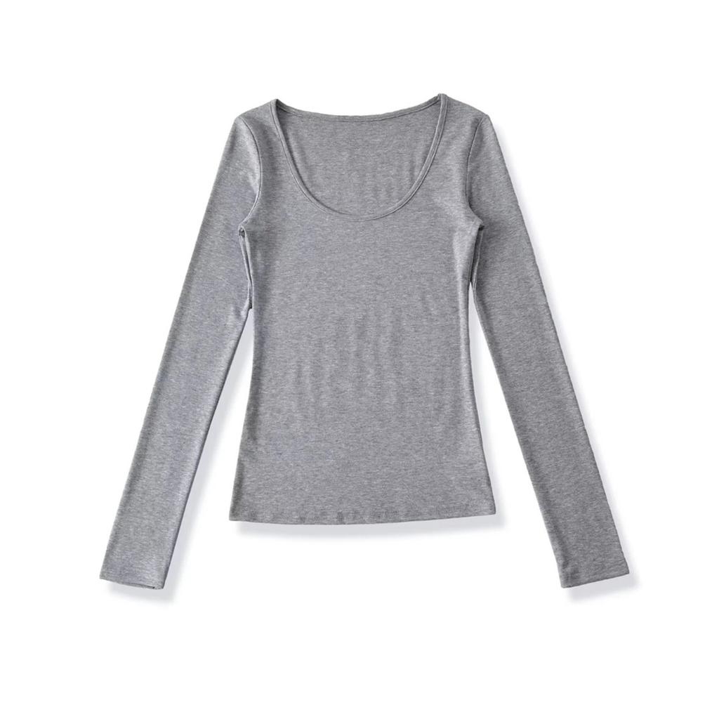 Women's U Neck Long Sleeve Tee Shirt Slim Fit Stretch Basic Solid Color Casual Tunic Top