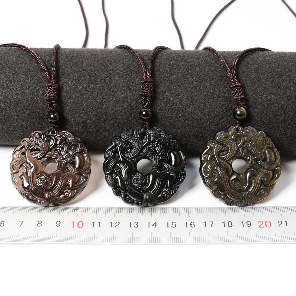 Unisex Obsidian Pixiu Grass Dragon Pendant - Crystal Ice Gold Black Peace Buckle