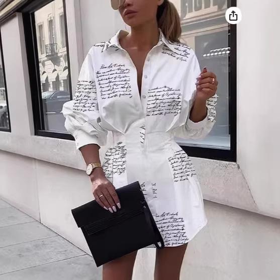 European and American Women's Sexy Mini Letter Print Casual Button-down Long-sleeved V-neck Waist Shirt