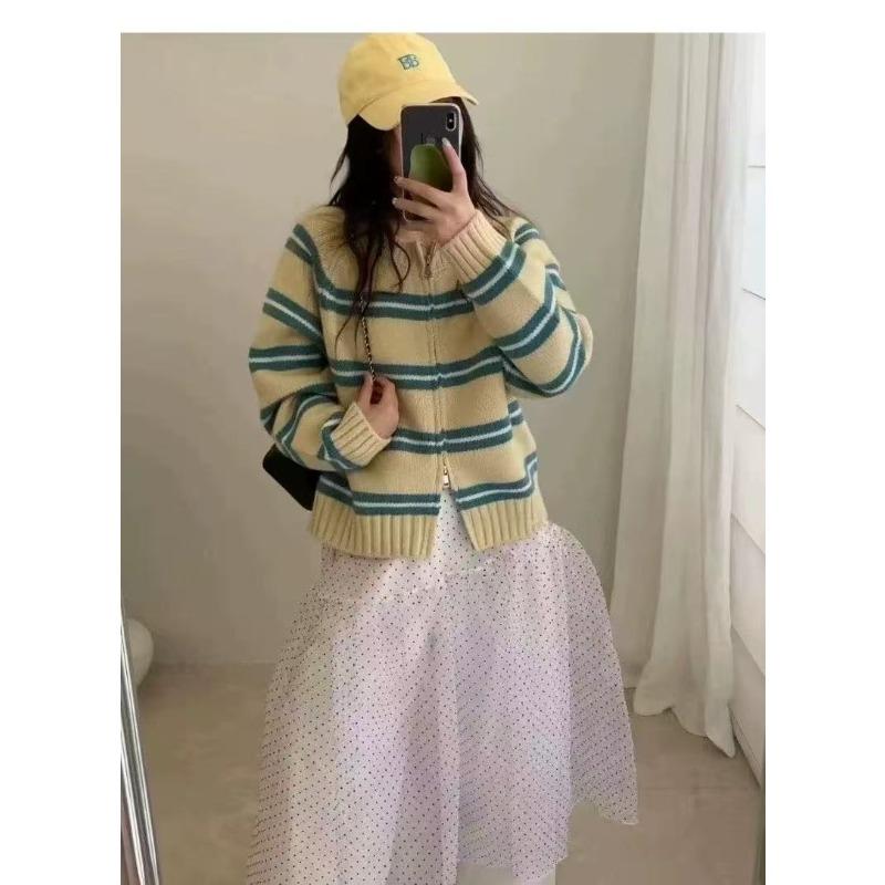 

Lazy striped knitted cardigan women s autumn and winter new loose and thin versatile double zipper sweater jacket average size