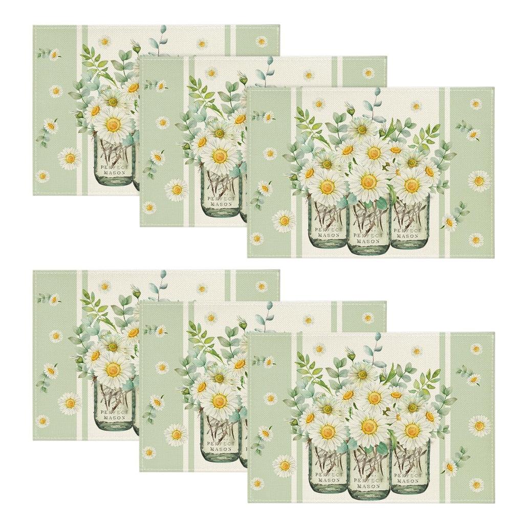 Eucalyptus Leaves Daisy Vase Placemats for Dining Table, 12 X 18 Inch Spring Easter Summer Seasonal Table Mats Set of 4 Green