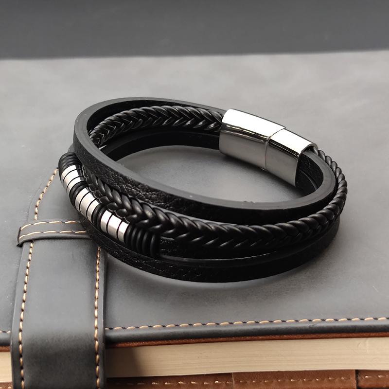 Leather Bracelet Men Jewelry Stainless Steel Magnet Buckle Multi-layer Braided Rope Beading Bracelet Fashion Charm Jewelry