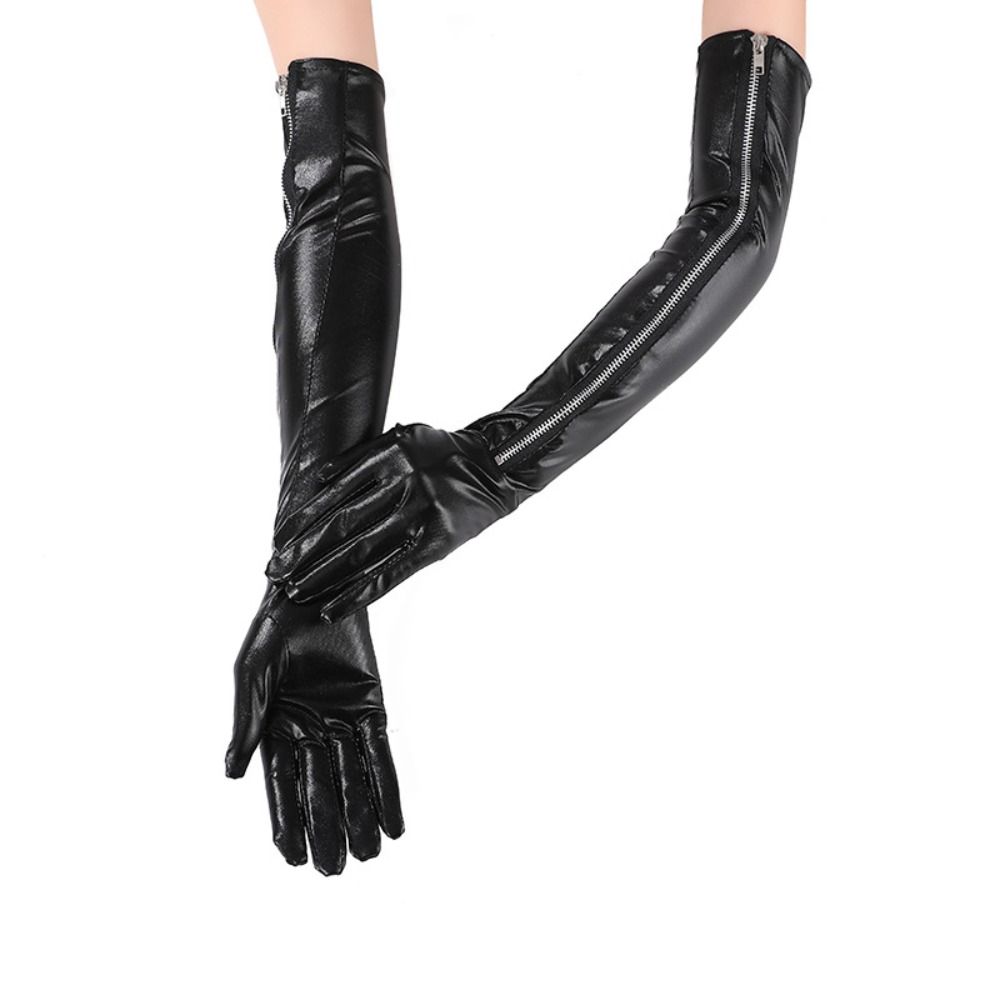 Elastic Patent Leather Black Gloves Shiny Women Gloves Fashion Zipper Long Gloves  Women