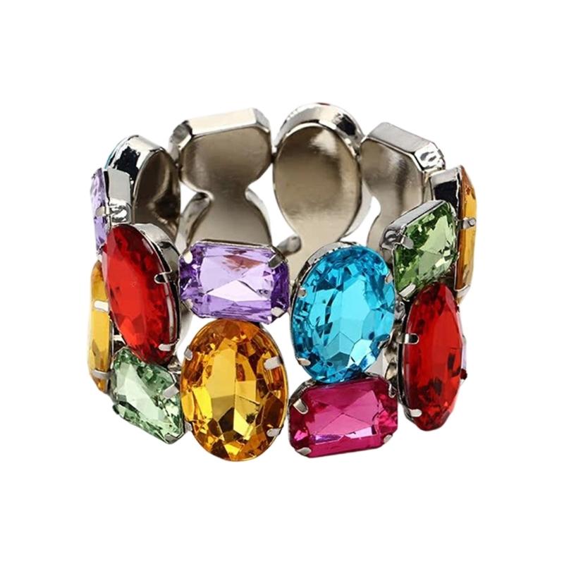 A52E Beautiful Stretchable Crystal Bridal Bracelet with Multi Tone Rhinestones Wedding Bangle Fashionable Gift for Her