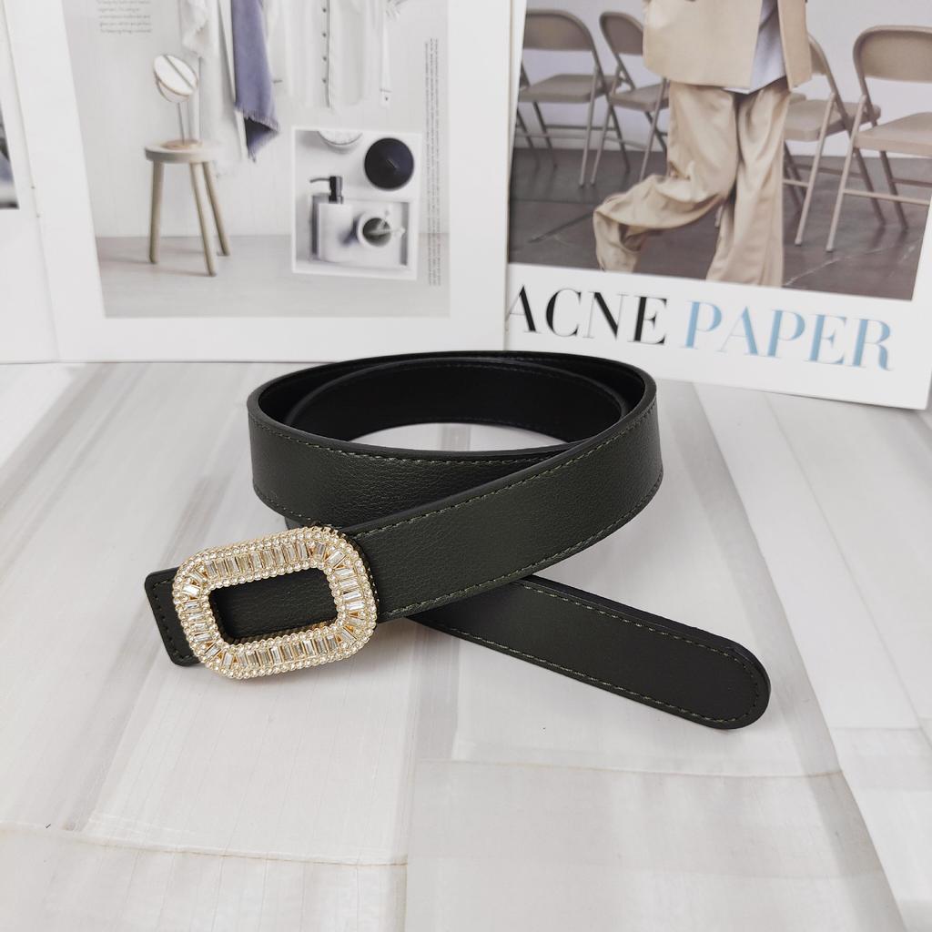 Colored Lychee Pattern Cowhide Belt Women'S Square Rhinestone Smooth Buckle Simple Dress Belt