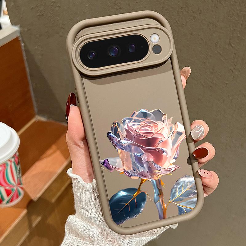Crystal Rose Flower Print TPU Shockproof Case For Google Pixel 9 Pro XL 8 Pro 8A Lens Protection Matte Soft Phone Cover