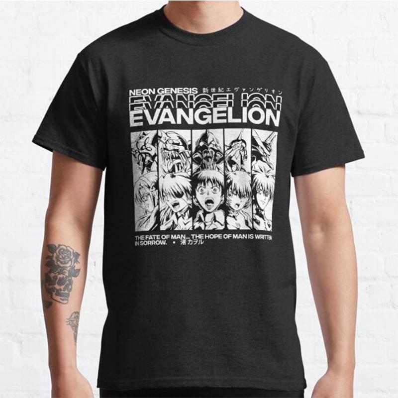 Plus Size Anime Evangelion Printed Unisex T Shirts Round Neck Cotton Tops Summer Casual Black Tees