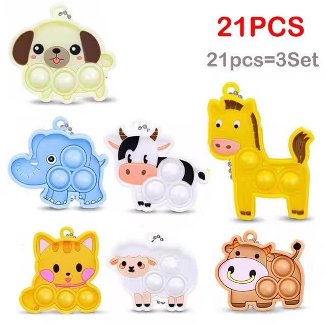 7/14/21Pcs Cartoon Animal Pop Keychain Small Toys Kids Birthday Party Favors Guest Gift Goodie Bag Pinata Filler Baby Shower