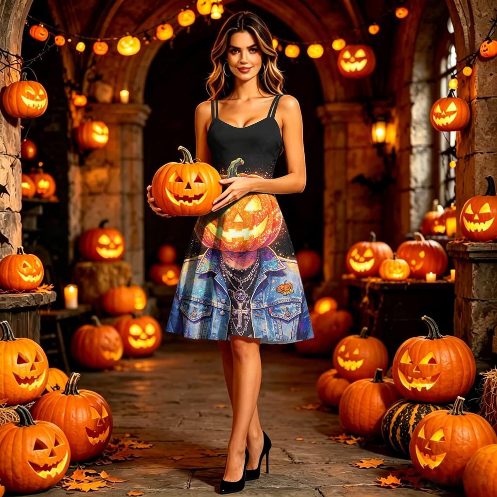 Women Halloween Printed Sleeveless Dress Spaghetti Strap Off Shoulder Design A Line Fit and Flare Style for Parties and Events
