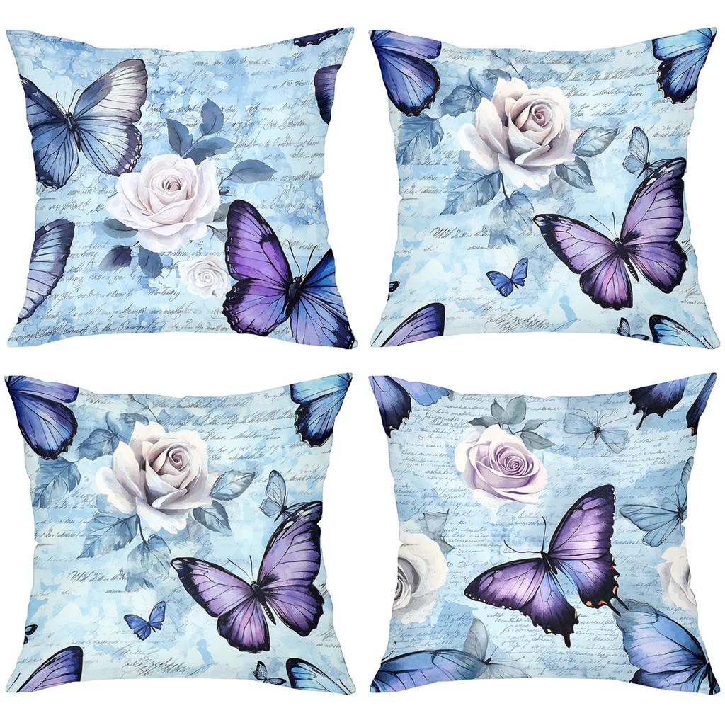 2D Flat Printing Blue Butterfly and Rose Pattern Decorative Cushions Polyester Pillowcase, Sofa Decorative Cushion Cov
