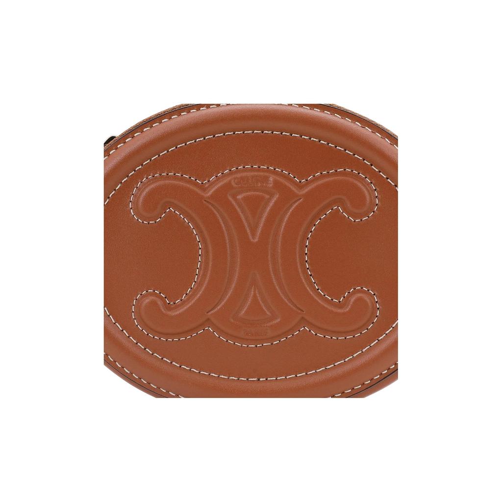 Celine Cuir Triomphe Triumphal Arch Logo Embossed Oval Zipper Smooth Calfskin Round Disc Clutch Handbag Coin Purse Extra Small Women's Tan