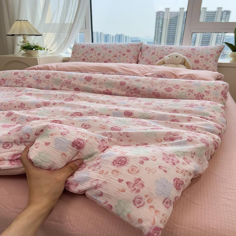 Tištěná čtyřdílná sada na postel, Měkká a zesílená, šetrná k pokožce, Praná povlečení na přikrývku, Sada prostěradel