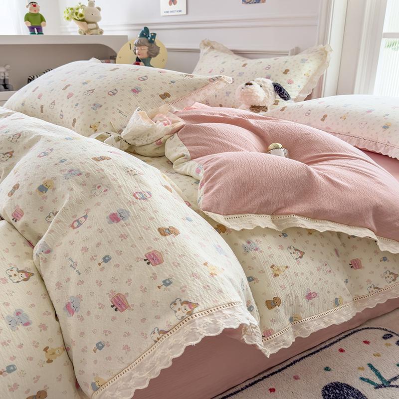 Small Fresh Lace Bedding Four-piece Set, Skin-friendly and Breathable, Washed Sheets, Quilt Covers, Pillowcases