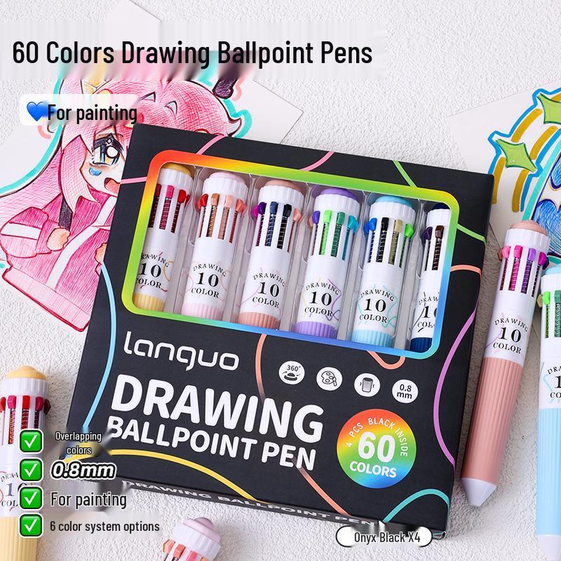 Blue Fruit 60-Color Press-Type Multicolor Ballpoint Pen Set – Ten-Color All-in-One Multifunctional Journal Pen.
