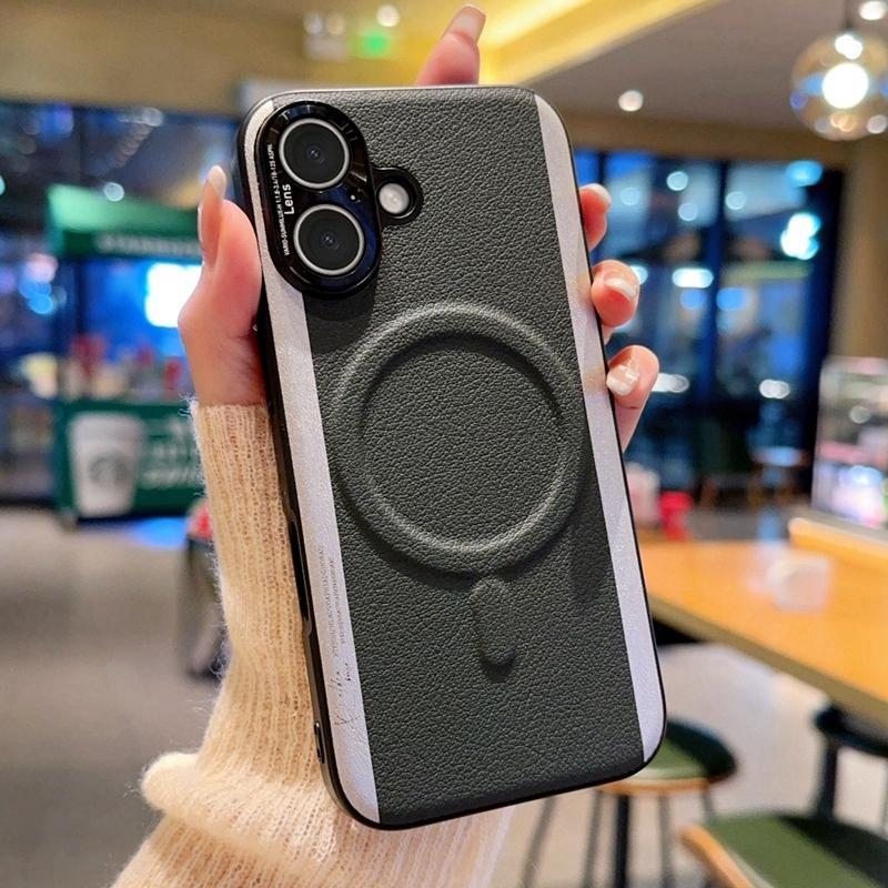 Hit Color Leather Strong Magnetic Case For iPhone 14 15 16 Pro Max Plus Coque Business Metal Camera Protection Shockproof Cover