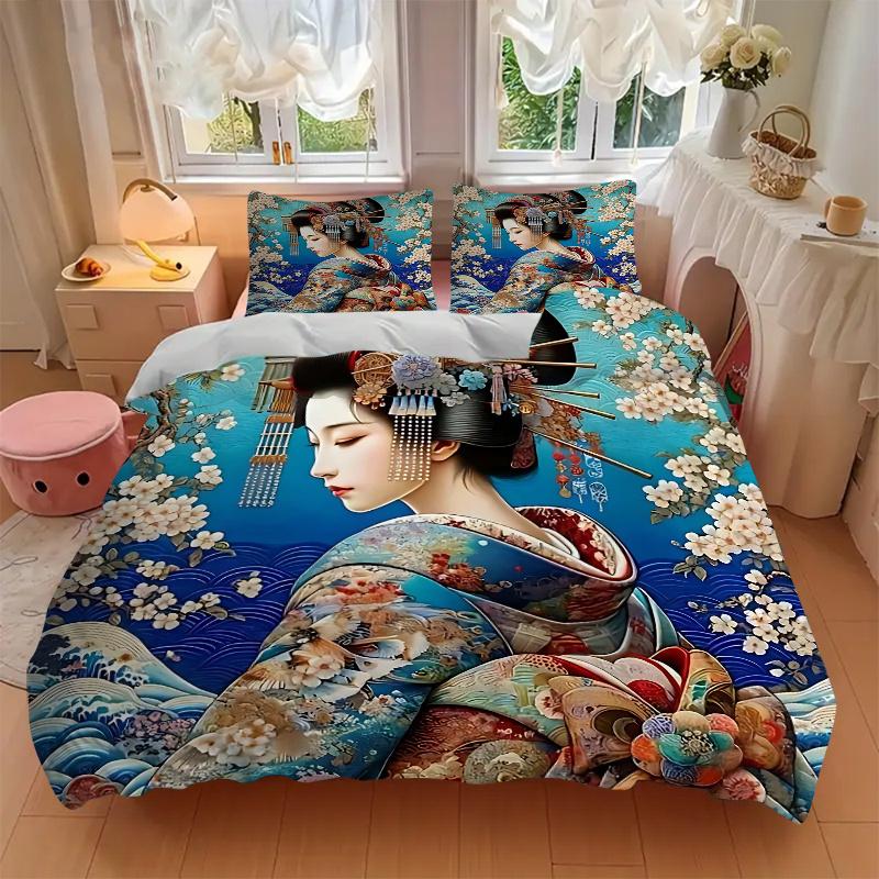 3pcs Anime Kimono Geisha Comforter Set with One Quilt Cover and Two Pillowcases (No Core) - Home Decor, Festival Gift, Polyester Fabric, Anime Cartoon