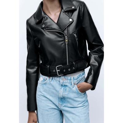 Woman Faux Leather Jacket Chic Vintage Short Lapel Zipper Belt Biker Coats Streetwear Tops Black