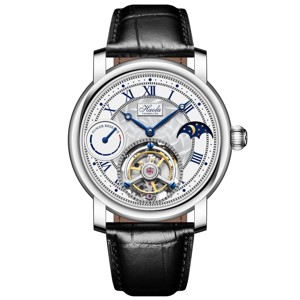 HAOFA Watch Tourbillon Mechanical Manual Winding Power Reserve Display Hollow Dial Moon Phase Stylish Luxury Sapphire Glass Popular Waterproof Gift