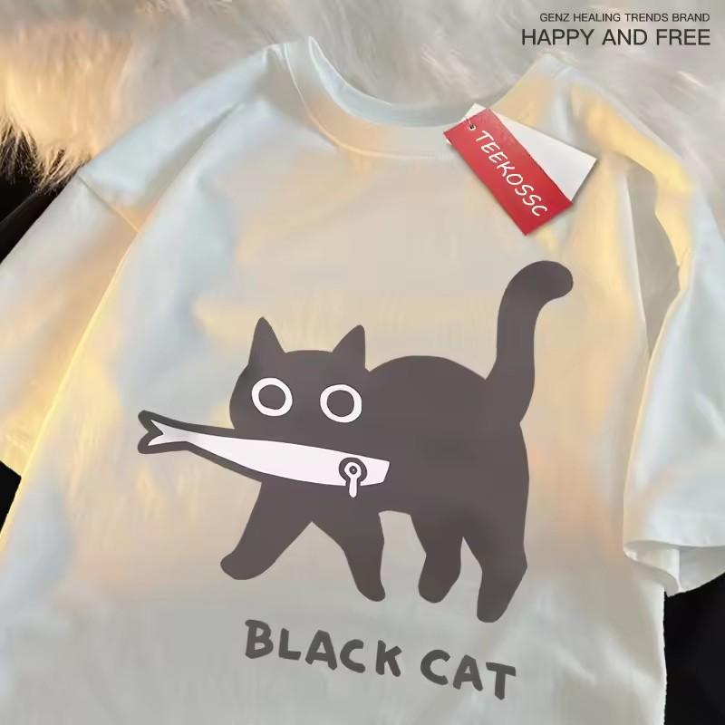 Fun A Black Cat Eating Fish Japanese Style Men Women T-Shirt Fashion Print T Shirt Breathable Oversize T-Shirts Cotton Clothes XL
