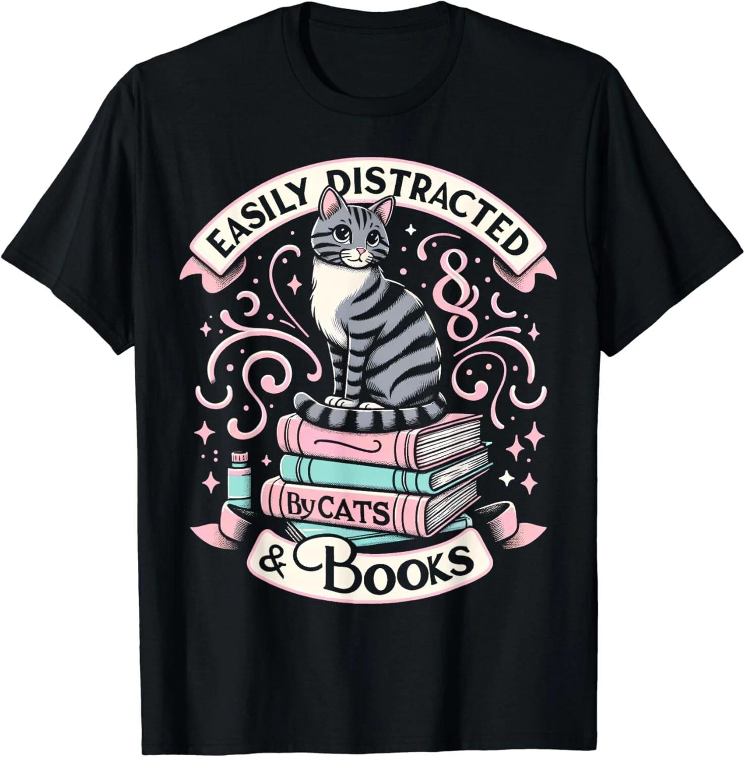 Easily distracted by cats and books bookworm Tee Gift Unisex T-Shirt 3XL