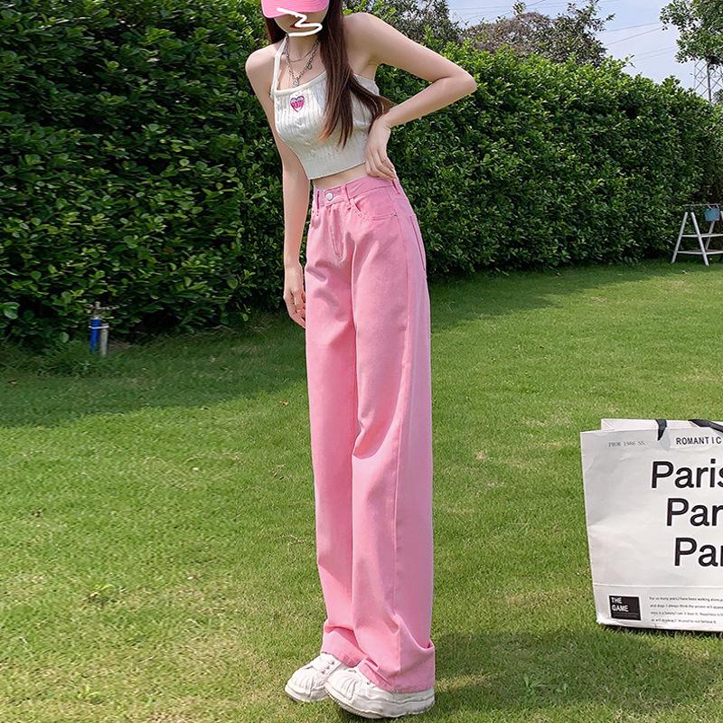 Women's Pink High-Waisted Wide-Leg Jeans: Summer Thin, Loose Fit, Plus Size, Slimming, Floor-Length Straight Pants